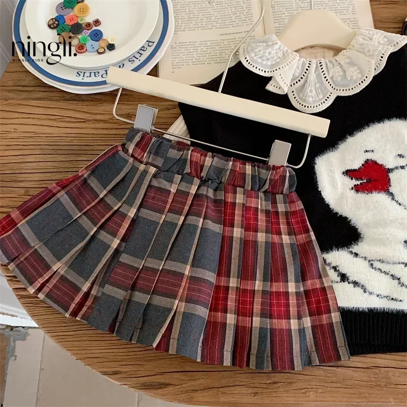 Girls Skirt Plaid Children 2024 New Spring and Summer Red Fashion Dress Simple Casual Skirt European Fashion Style Clothes