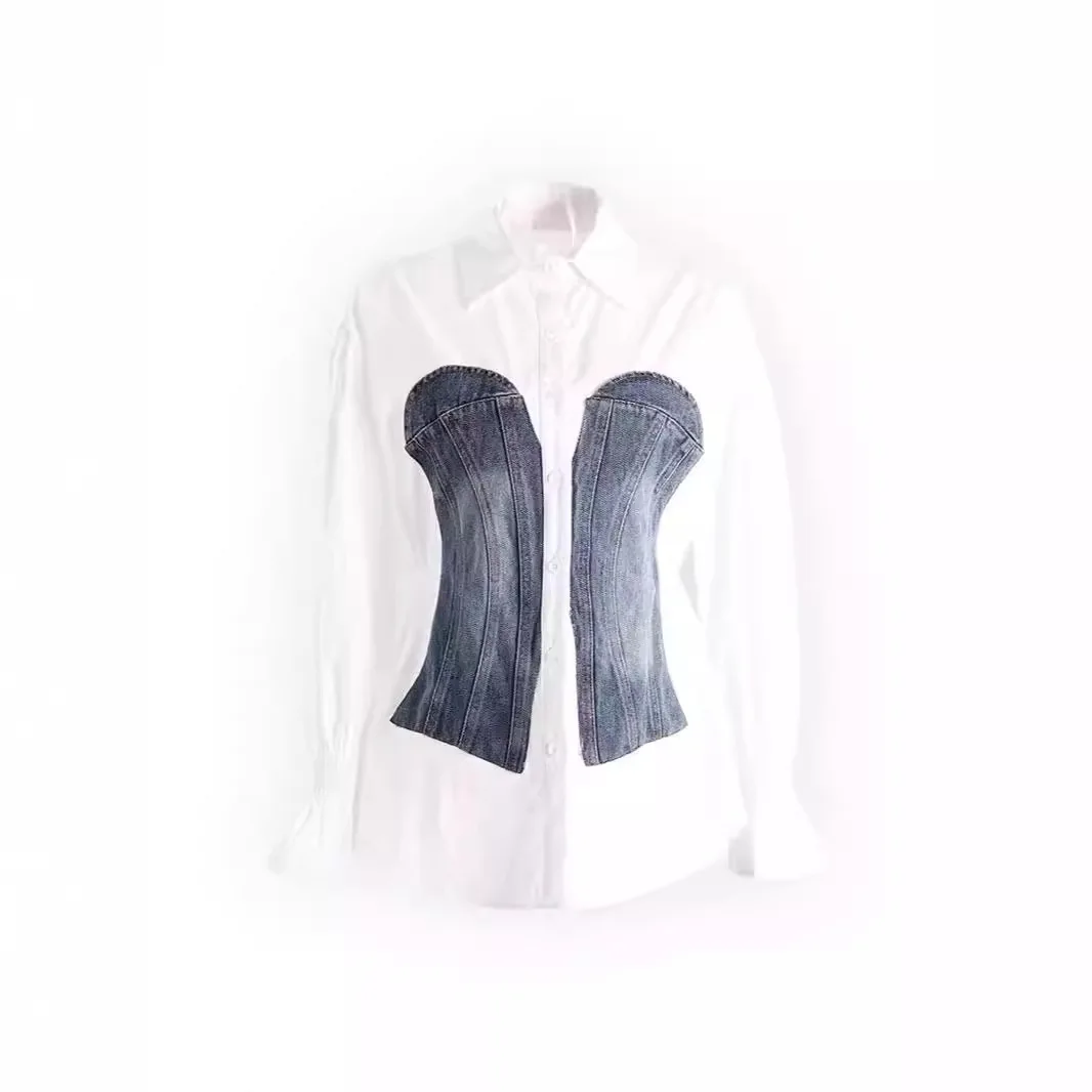Ladies' niche design fake two-piece shirt 2025 new quality contrasting color splicing denim fake waist cinching slimming shirt