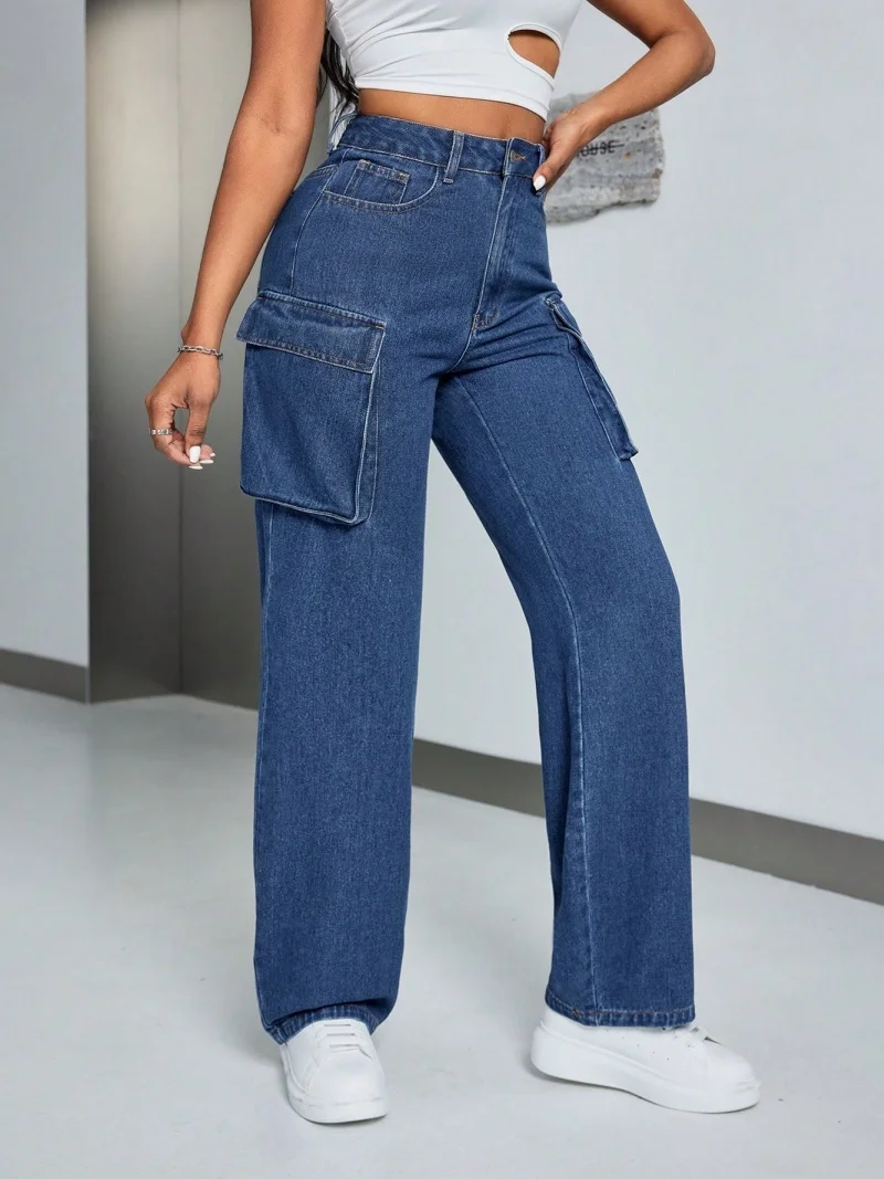 

Уличная одежда Джинсы-карго Осенняя одежда Женские прямые джинсы с высокой талией и большими карманами Женские повседневные джинсовые брюки Базовые джинсовые брюки