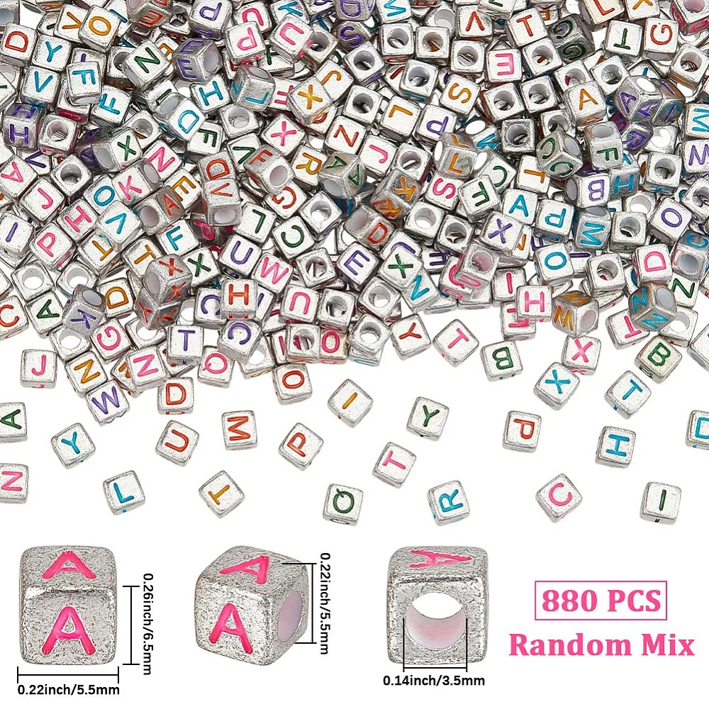 

880Pcs Opaque Acrylic Beads Cube with Letter Mixed Color 5.5x6.5x5.5mm Hole: 3.5mm