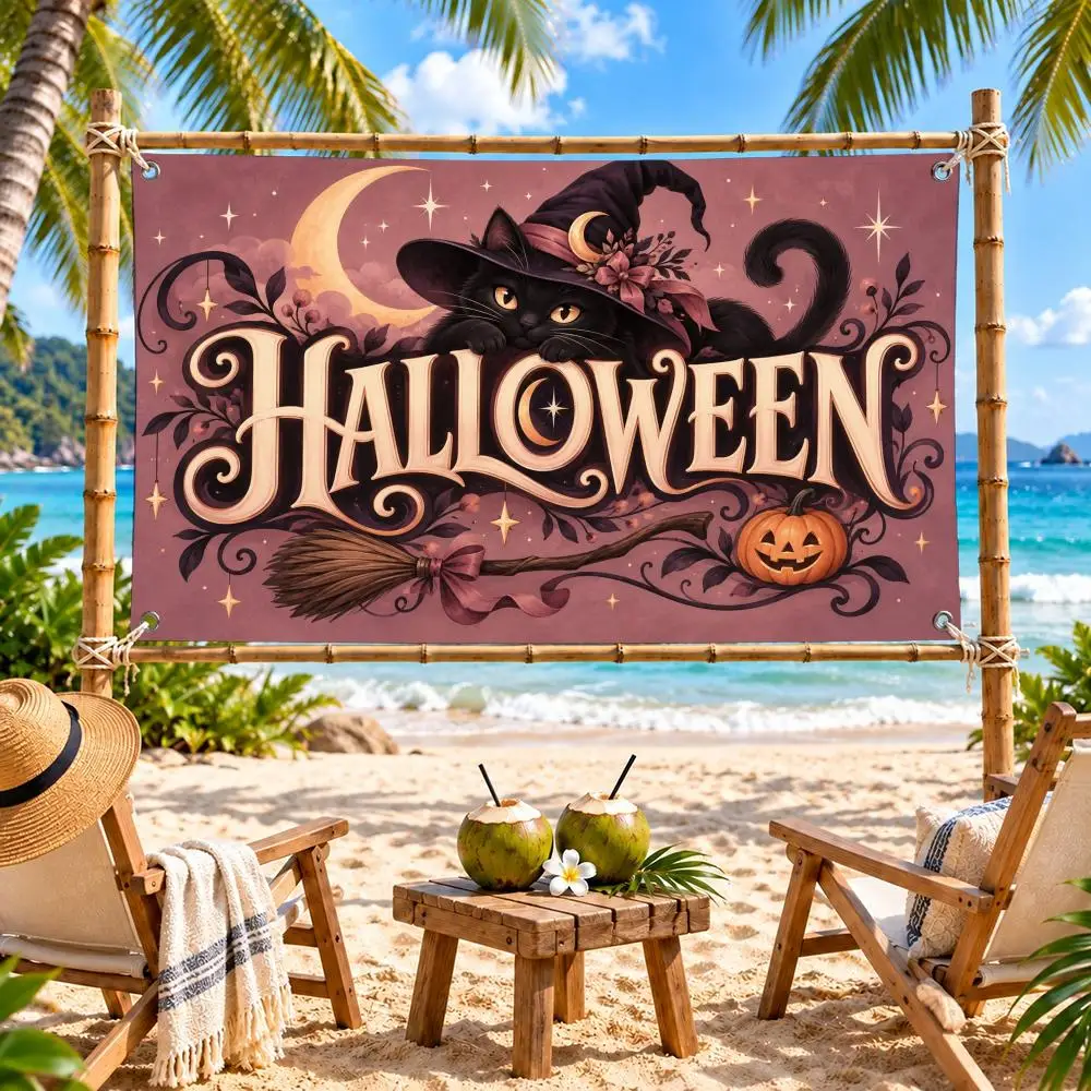 Halloween Black Cat Witch Moon Celebration Flags Polyester Digital Printing Banner for Wall Art Out Door Decoration
