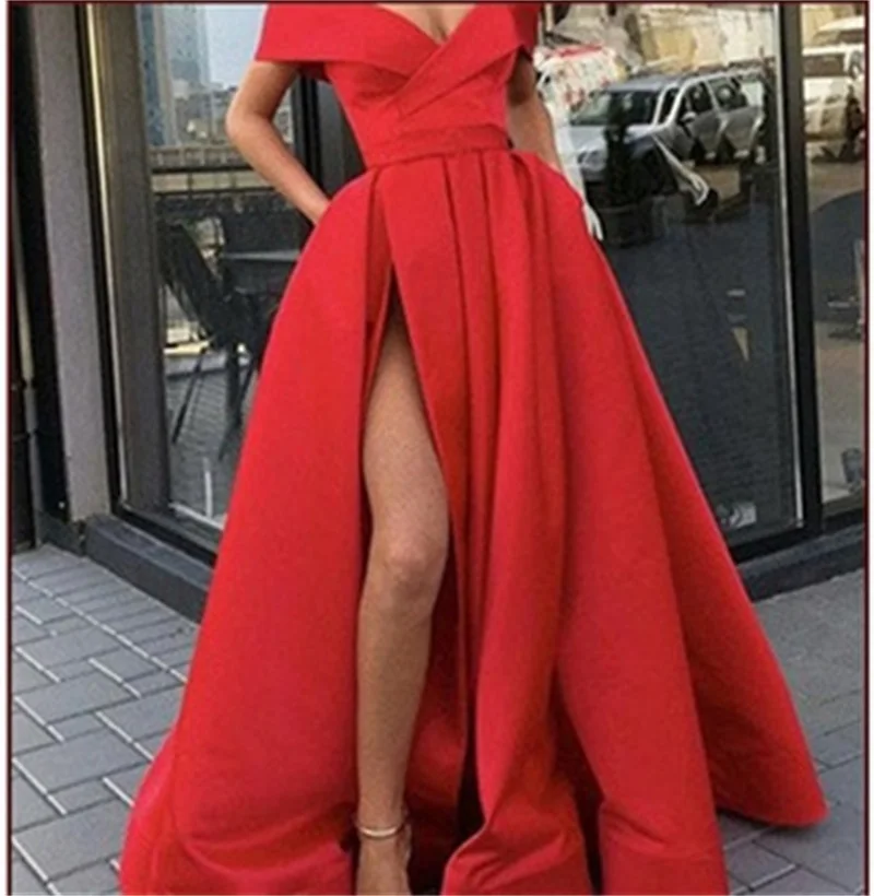 Abgespaltene Schulter Frauen Ballkleid tiefen V-Ausschnitt großen Rock Saum Party kleid viele Farben ärmelloses Abendkleid neueste auf Lager