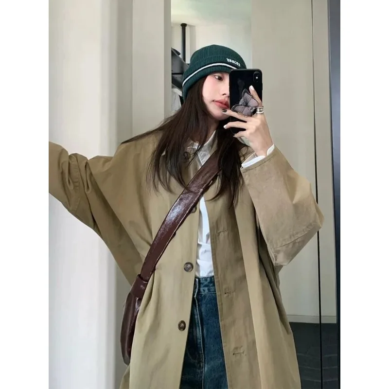 

SuperAen длинный плащ для женщин, новинка весны и осени 2024, повседневные пальто большого размера в корейском стиле со свободной талией цвета хаки