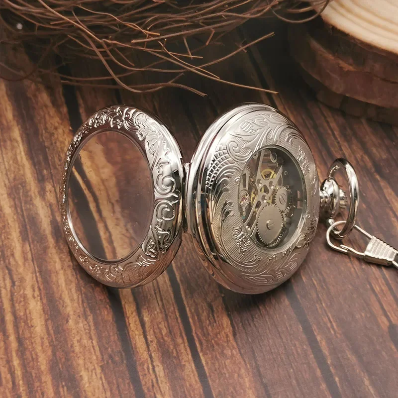 Relojes de bolsillo de plata de lujo para hombres y mujeres, reloj mecánico con números romanos, cadena mecánica Vintage, regalo