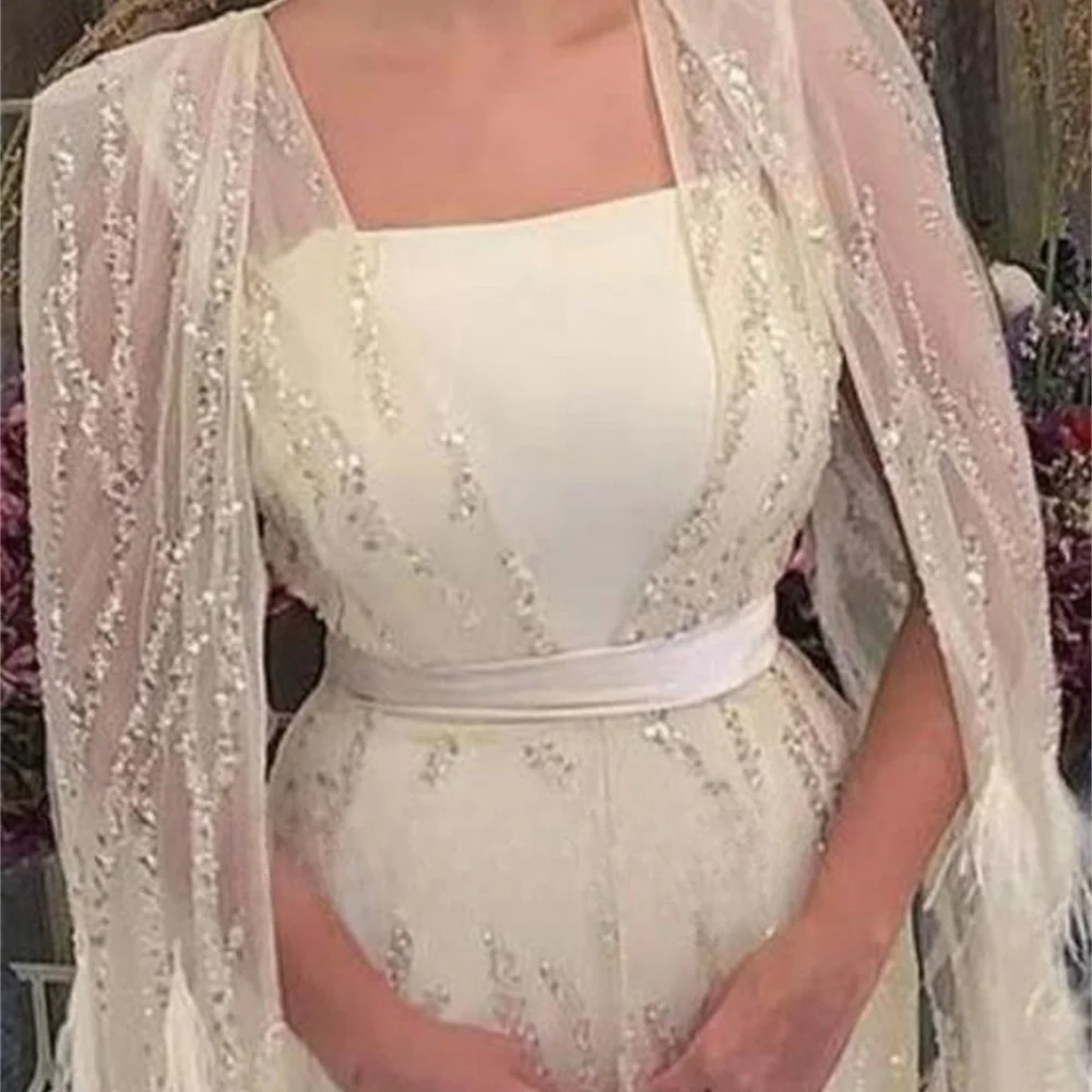 Contessa Dubai Weiße Pailletten Federn Hochzeitskleid Schal Zweiteiliges Set Vestidos de Noche Trägerlos فسات Cosa •agemة Maßgeschneidert 2025