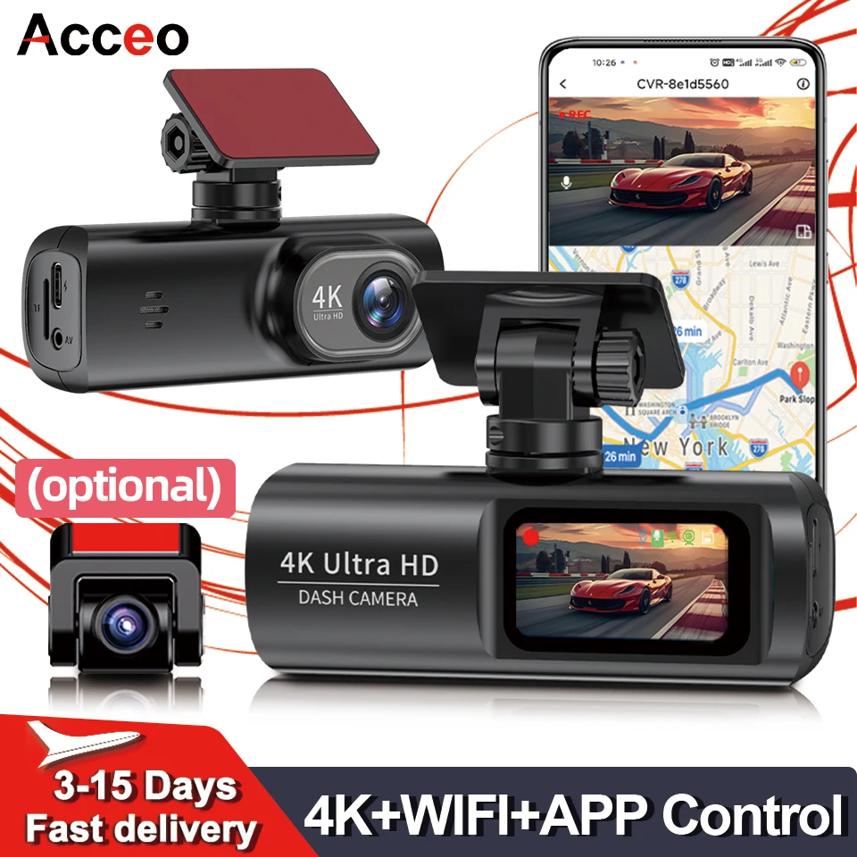 

ACCEO B57P 4K Smart Car Dash Cam с поддержкой Wi-Fi, ночным видением и камерой заднего вида 1080P, комплект жесткого провода для 24-часового режима парковки