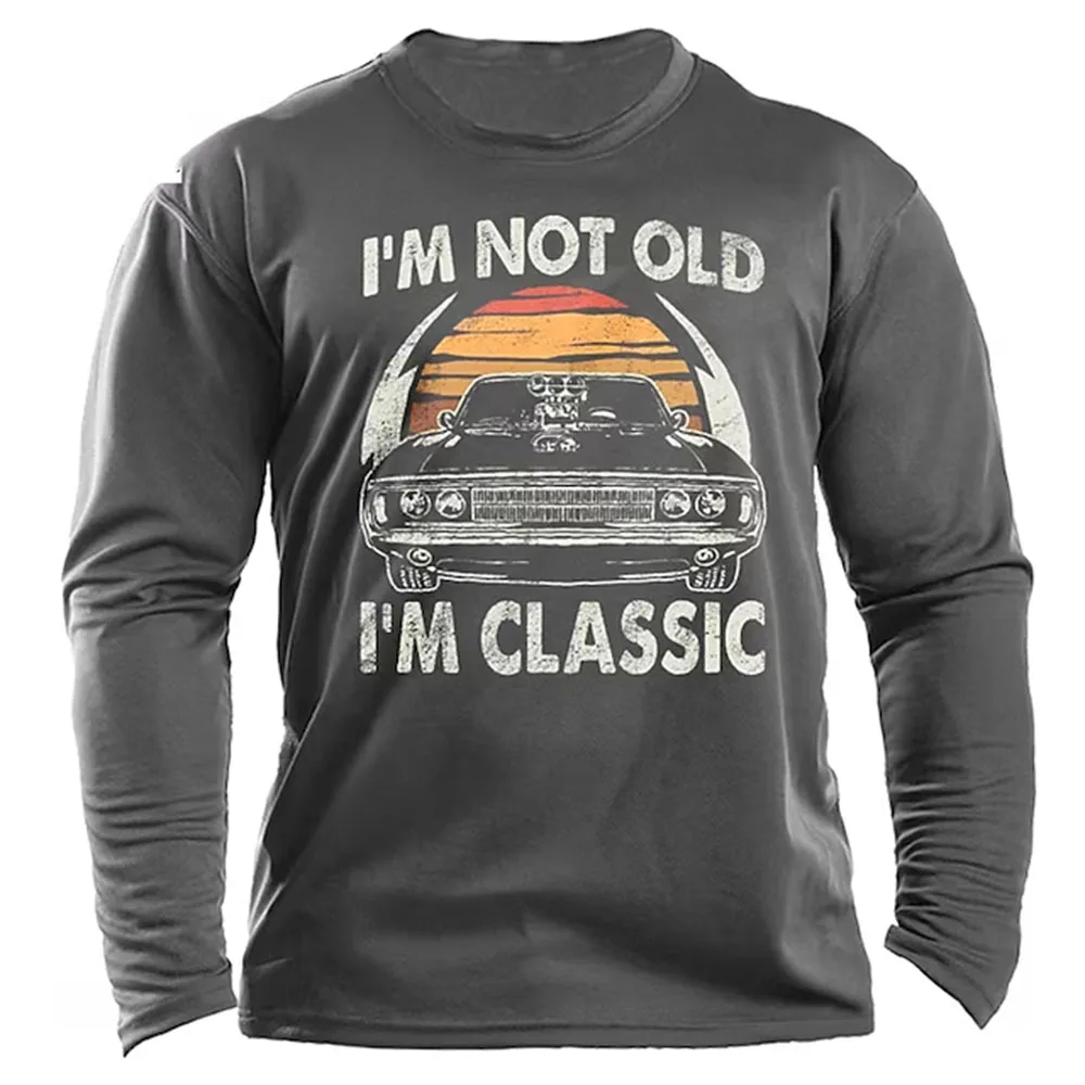 Classic Car Letter Vintage 3D Print Autumn Men\'s O-Neck T-shirt Casual Long Sleeve T-Shirt Oversized Pullover Trend Men Clothing