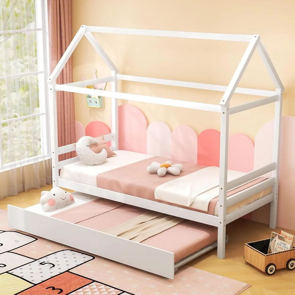 Cama de casal com polia, estrutura de cama de plataforma de jogos de madeira maciça, telhado para meninas e meninos, sem necessidade de molas, fácil de montar