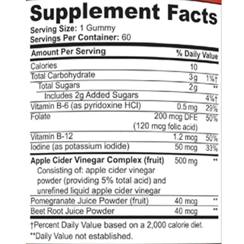 Apple Cider Vinegar Gummies, 500mg ACV Per Serving, with Added Folic Acid, B6, and Iodine To Support Digestive Health,60 Gummies