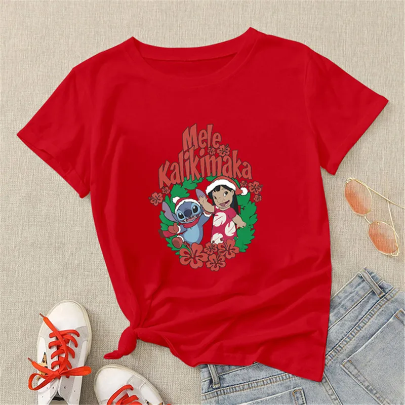 Fashion Christmas Hats with Stitch T Shirt Women Cartoon Tops Merry Christmas Gifts Cute Anime T-shirt Female Tshirt Clothes