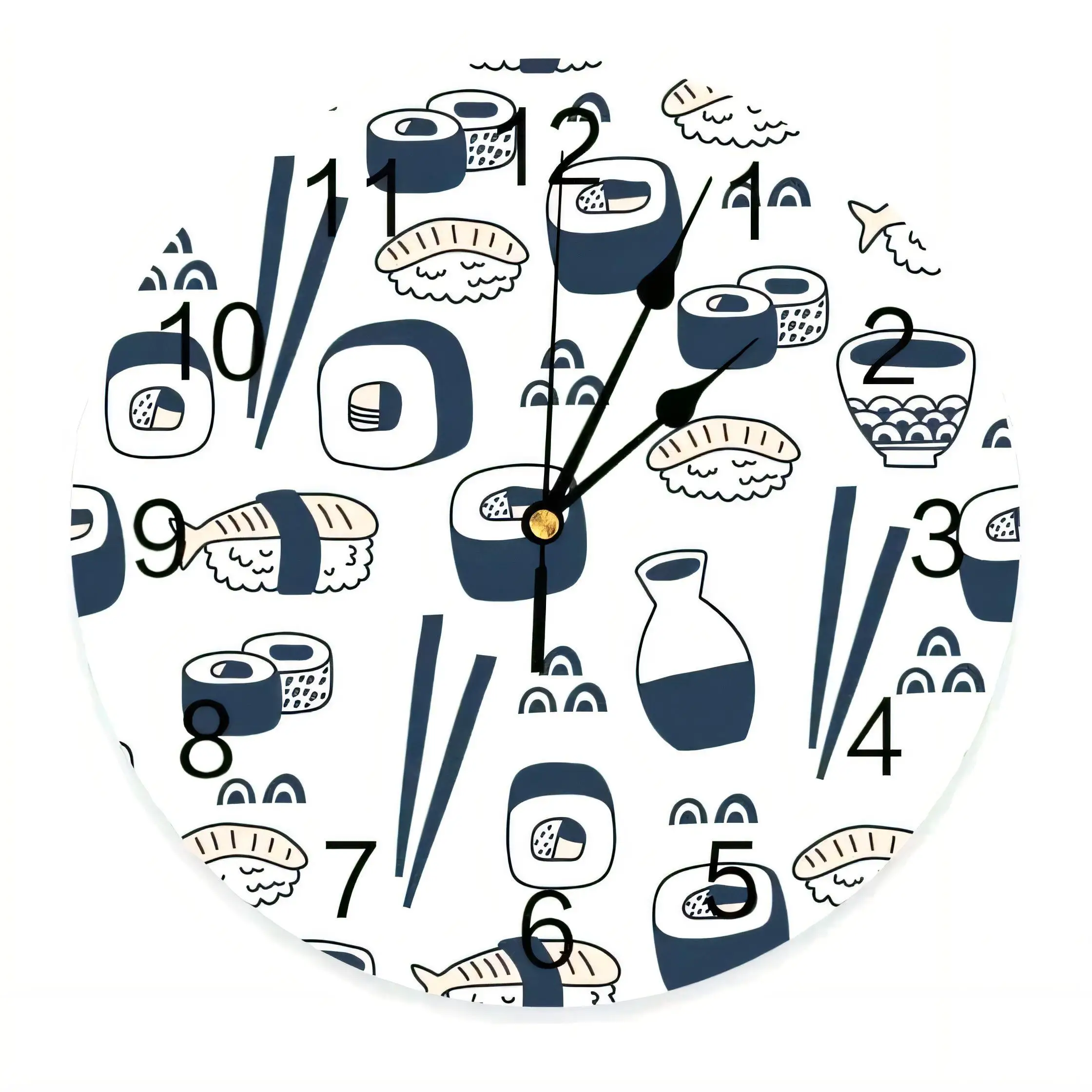 Japanese Sushi Wall Clock  Silent Non Ticking Battery Operated Kitchen Dining Decorative Round Minimalist Modern Whimsical
