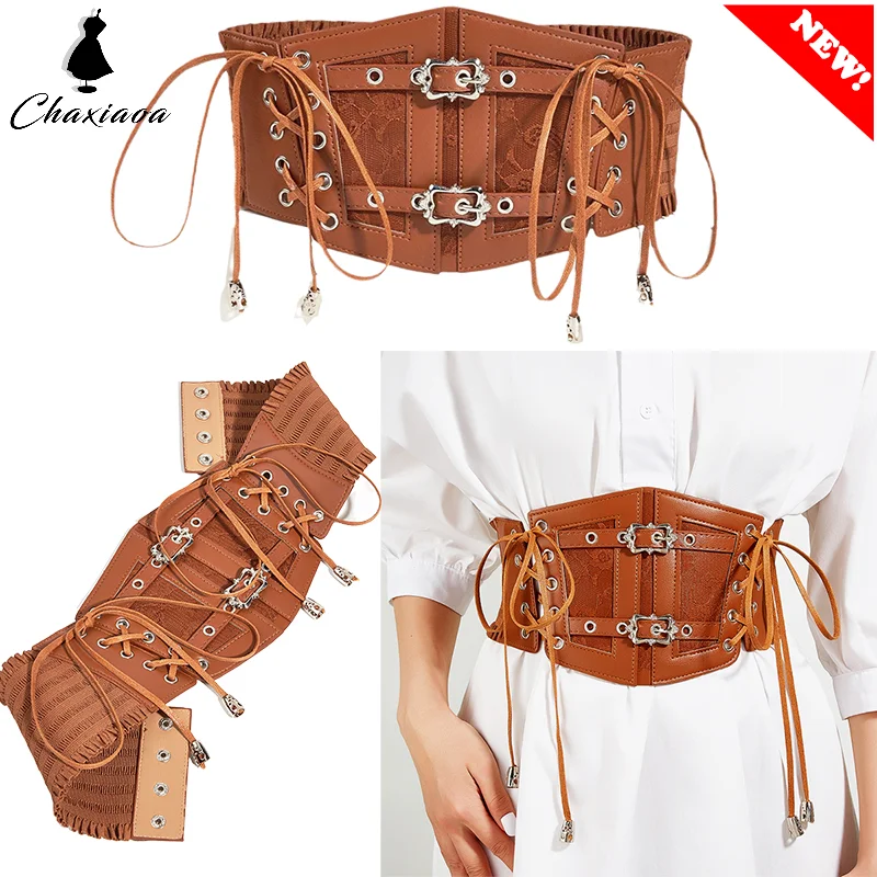 Cintura elástica com fivela de metal retrô para mulheres, cinta de renda, faixa de couro, camisa, vestido, espartilho, modelagem corporal, decoração