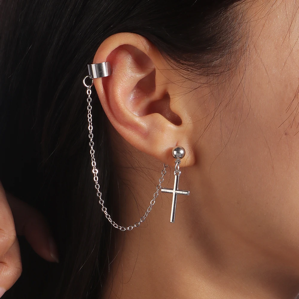 Aihua 1pc Punk schwarz Kreuz Quaste Ohrringe Frauen Clip Ohr stecker Christian Gothic Hip Hop Schmuck Metall kette Ohrring Ohrring – Detail 8