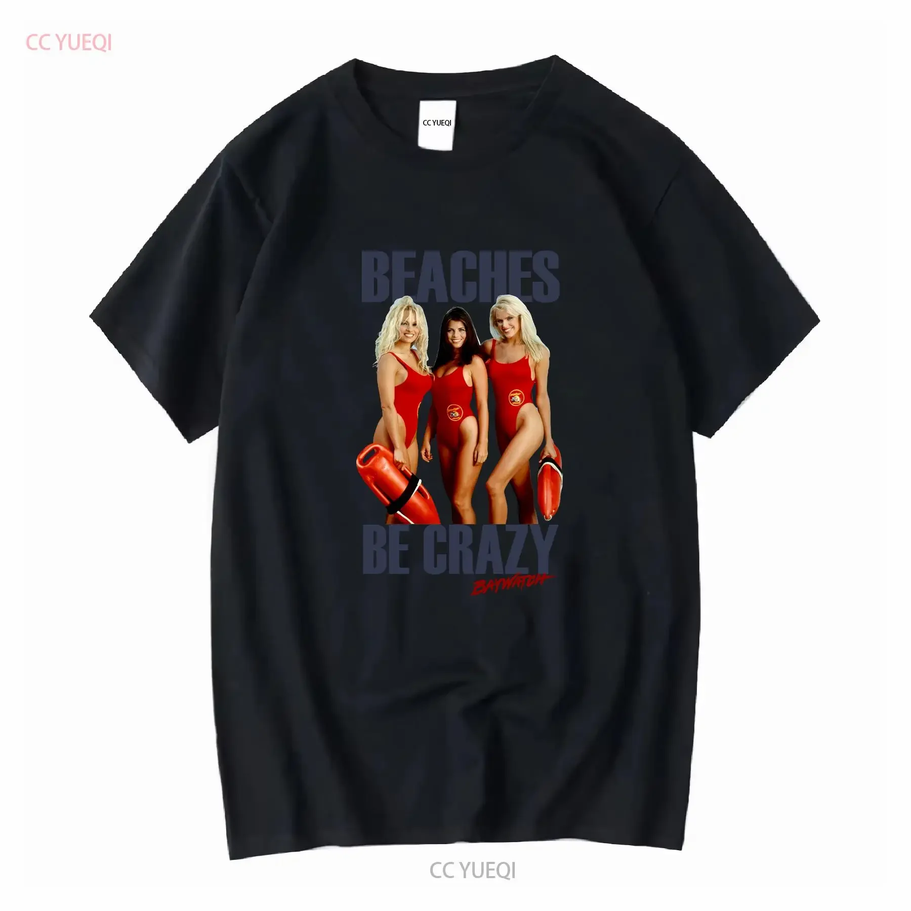 Baywatch Beaches Be Crazy Mens T Shirt Pamela Anderson Yasmine Bleeth Gena Nolin long or short sleeves vintage Washed