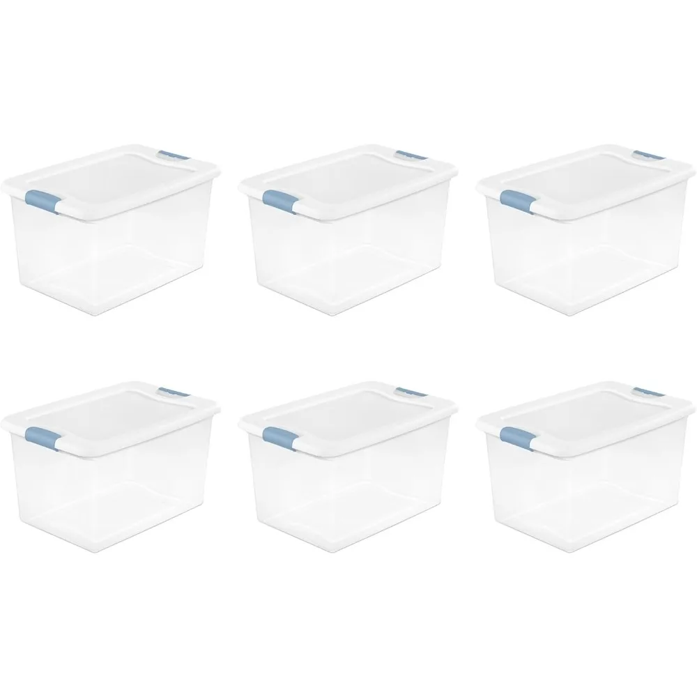 64 Qt Latching Storage Box, Stackable Bin with Latch Lid, Plastic Container to Organize Clothes in Closet, Clear with White Lid