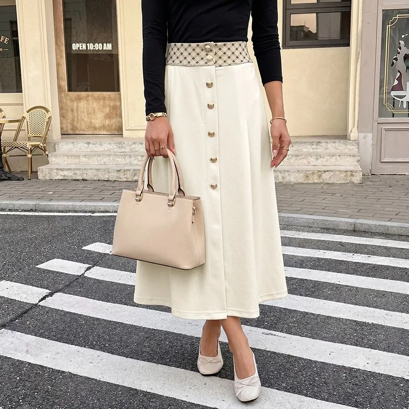 Women's Retro Flared Midi Knit Skirt High Waist Color Block Plaid Long Skirt for Women Casual Wear with Button Front and
