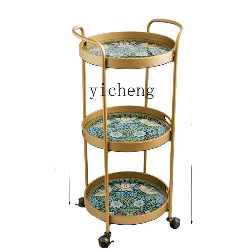 v9.7-brass light luxury movable three-layer dining car living room home storage coffee table sofa trolley side table