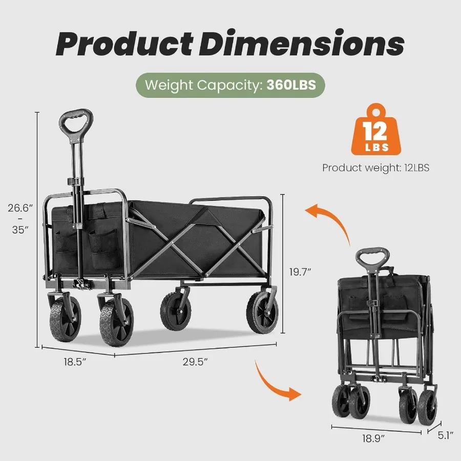 Foldable Wagon Cart Collapsible Large Capacity Garden Cart with Wheels for Heavy Duty Utility Shopping Sports Camping and Groce