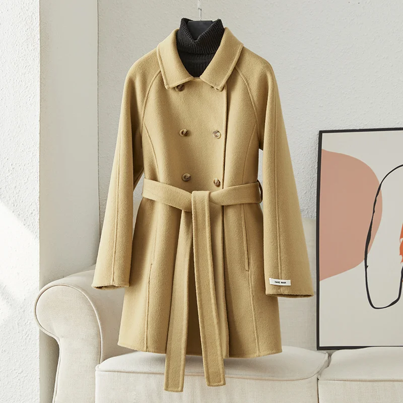 

2023 Live Welfare Light Yellow Double Sided Cashmere Coat Women's Short Figure Autumn/winter New Woolen Coat