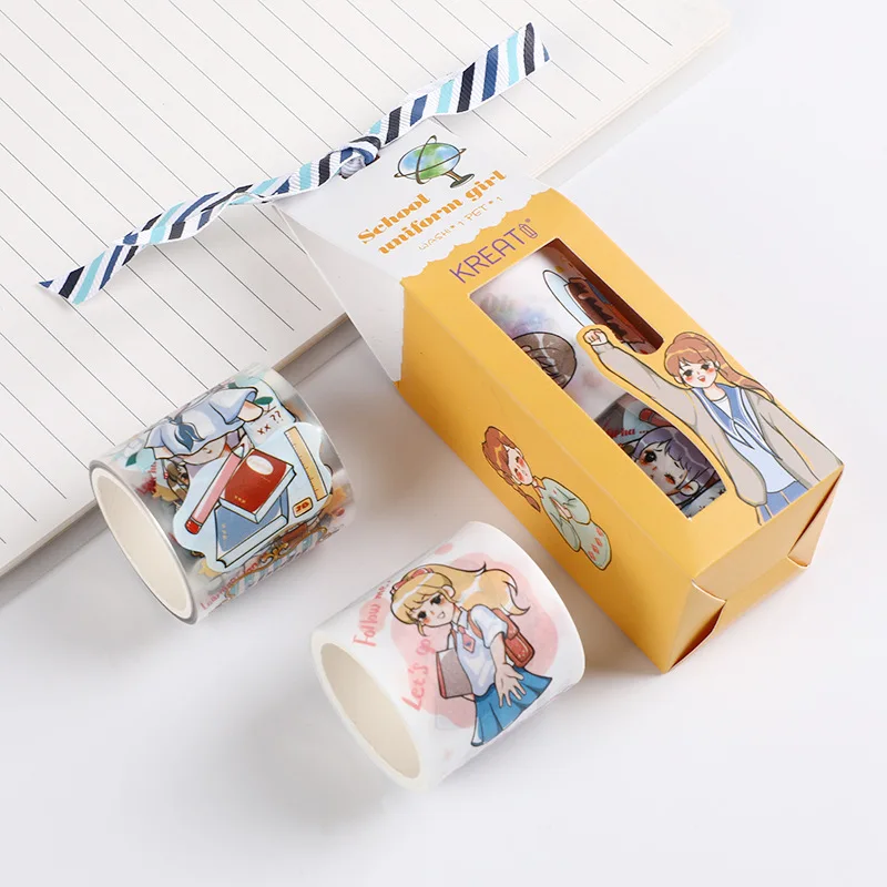 2 Pcs PET Korean Design School Uniform Girl Tape Decal Sticker Set Sticker Diary Cute and Easy To Tear and Stick Office Supplies