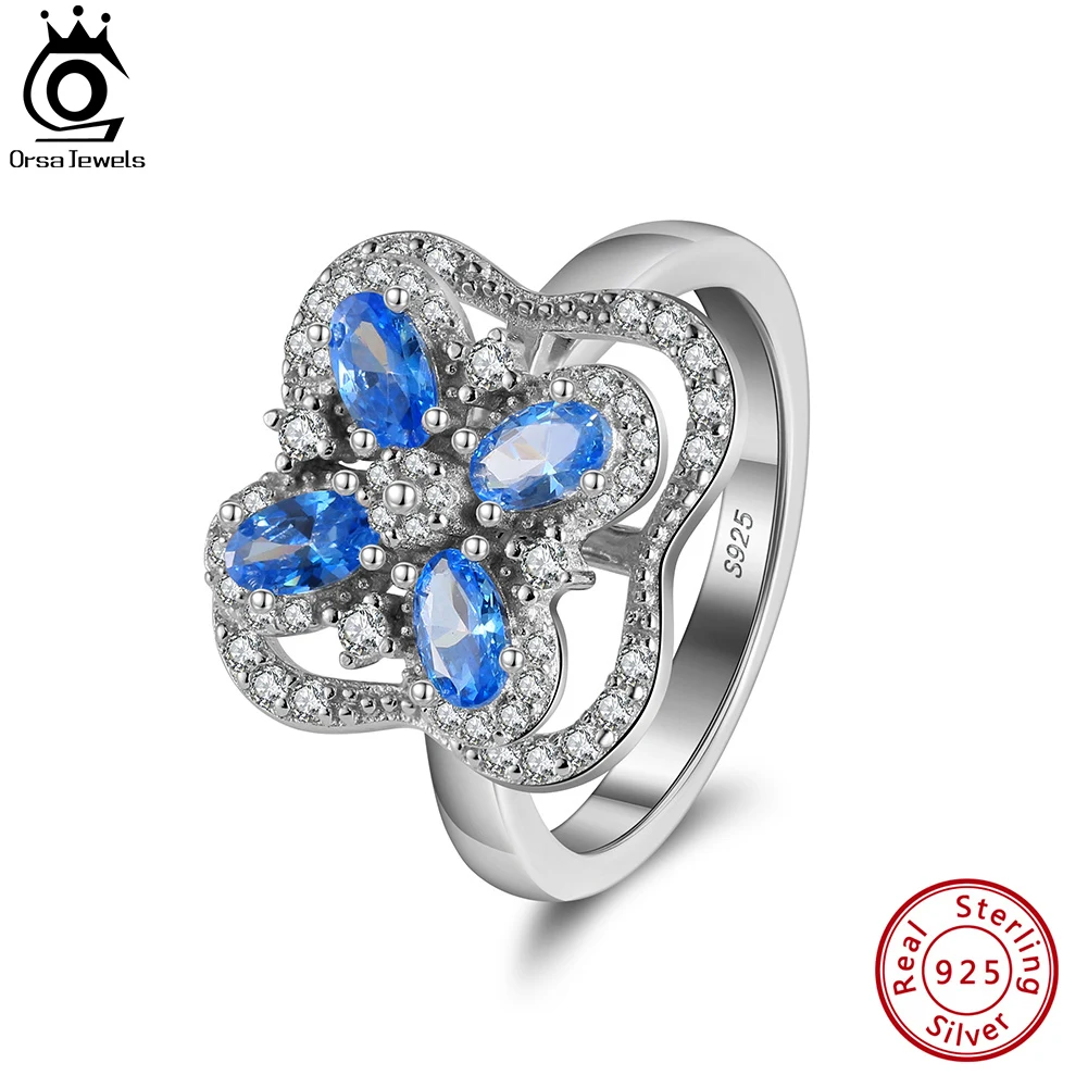 

ORSA JEWELS Exquisite Flower Diamond CZ Rings Rotatable 925 Sterling Silver 5A Blue Zirconia Anxiety Fidget Ring for Women LMR06