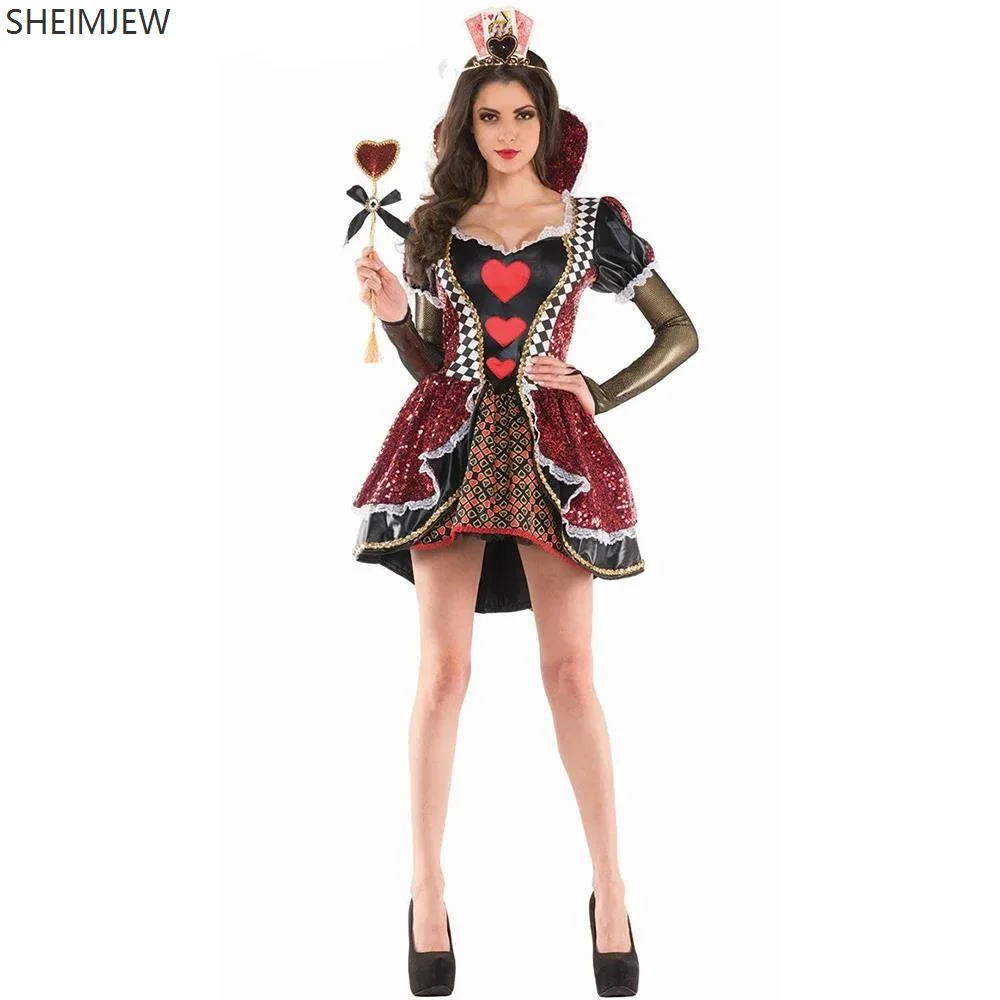 

Halloween Fairytale Alice Cosplay In Wonderland Costume Mardi Gras Carnival Party Poker Queen Of Hearts Dress Suit Masquerade