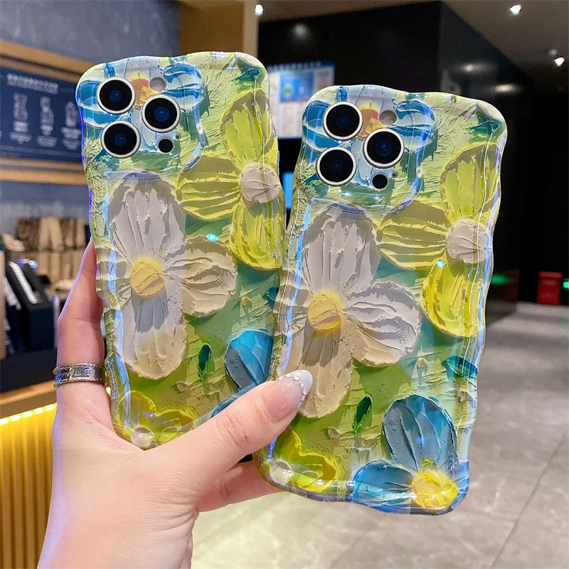 Modische blaue Licht-Ölgemälde-Blumen-Telefonhülle für iPhone 17, Air 16, 15, 14, 13, 12, 11, Pro Max Plus, stoßfeste Schutzhülle
