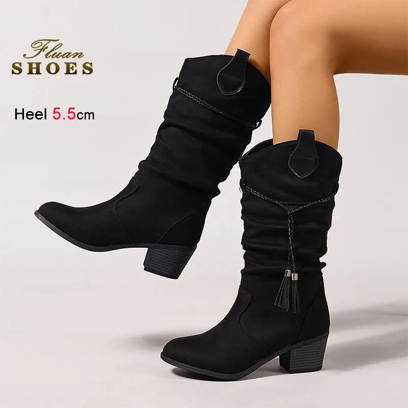 

Новые женские сапоги до середины икры на толстом каблуке 5,5 см, черные, осенне-зимние, модные, больших размеров, в стиле рыцарских сапог