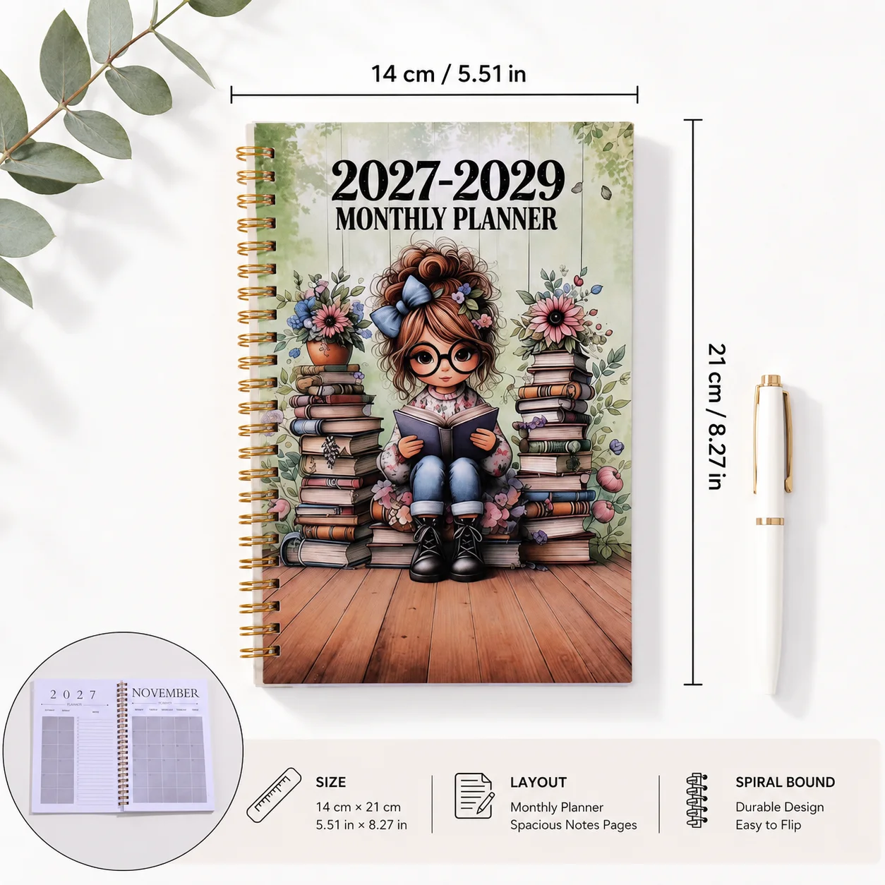 Vintage Floral Book Girl Monthly Planner 2027-2029 Gold Spiral Notebook Portable Monthly Calendar Organizer For Holiday Gift