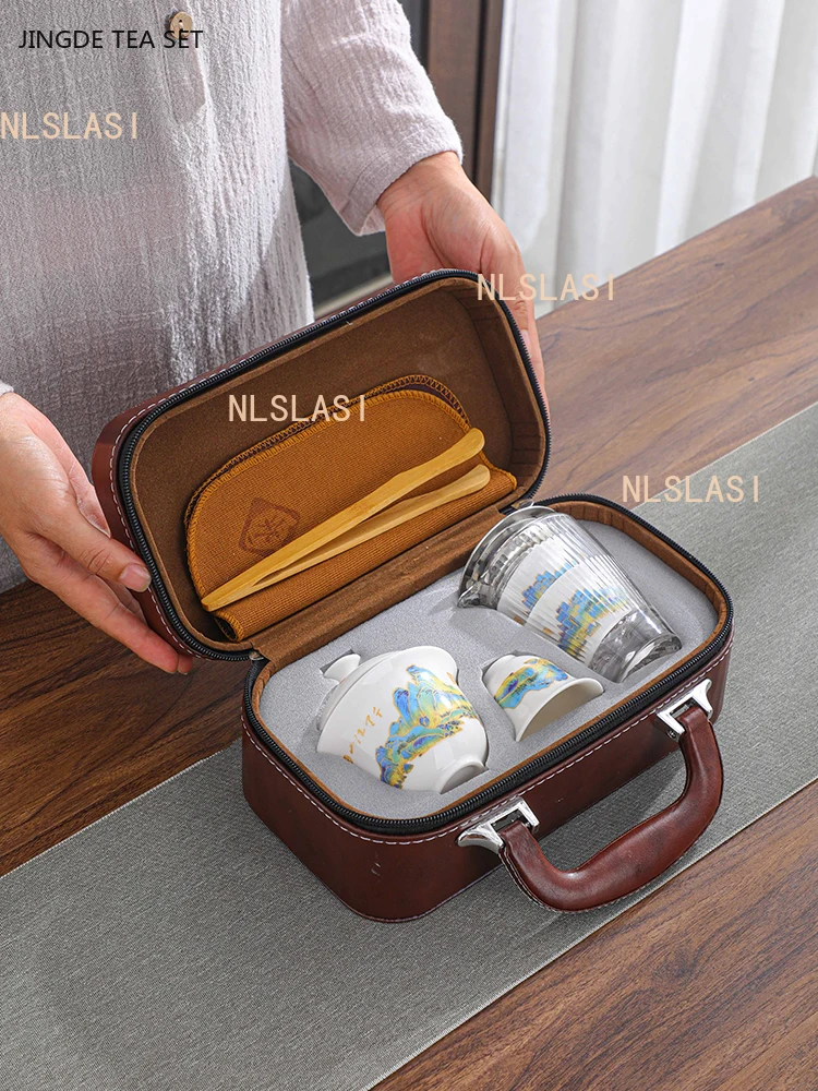 Leather Storage Box Teaware Set Exquisite Travel Tea Set Ceramic Gaiwan Quick Cup Outdoor Portable Custom Beauty Tea Infuser