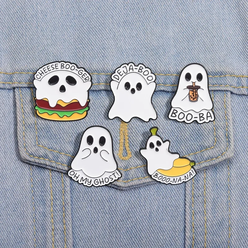 Halloween Cute Ghost Enamel Pins CHEESE BOO-GER Hamburger Milk Tea Brooches Lapel Badges Funny Decor Jewelry Gift for Friends