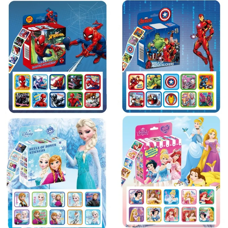 

200 PCS/box Cartoon Spiderman Iron Man Frozen Stickers Princess Aisha Anna Toy Story Portable Children's Reward Stickers Gift
