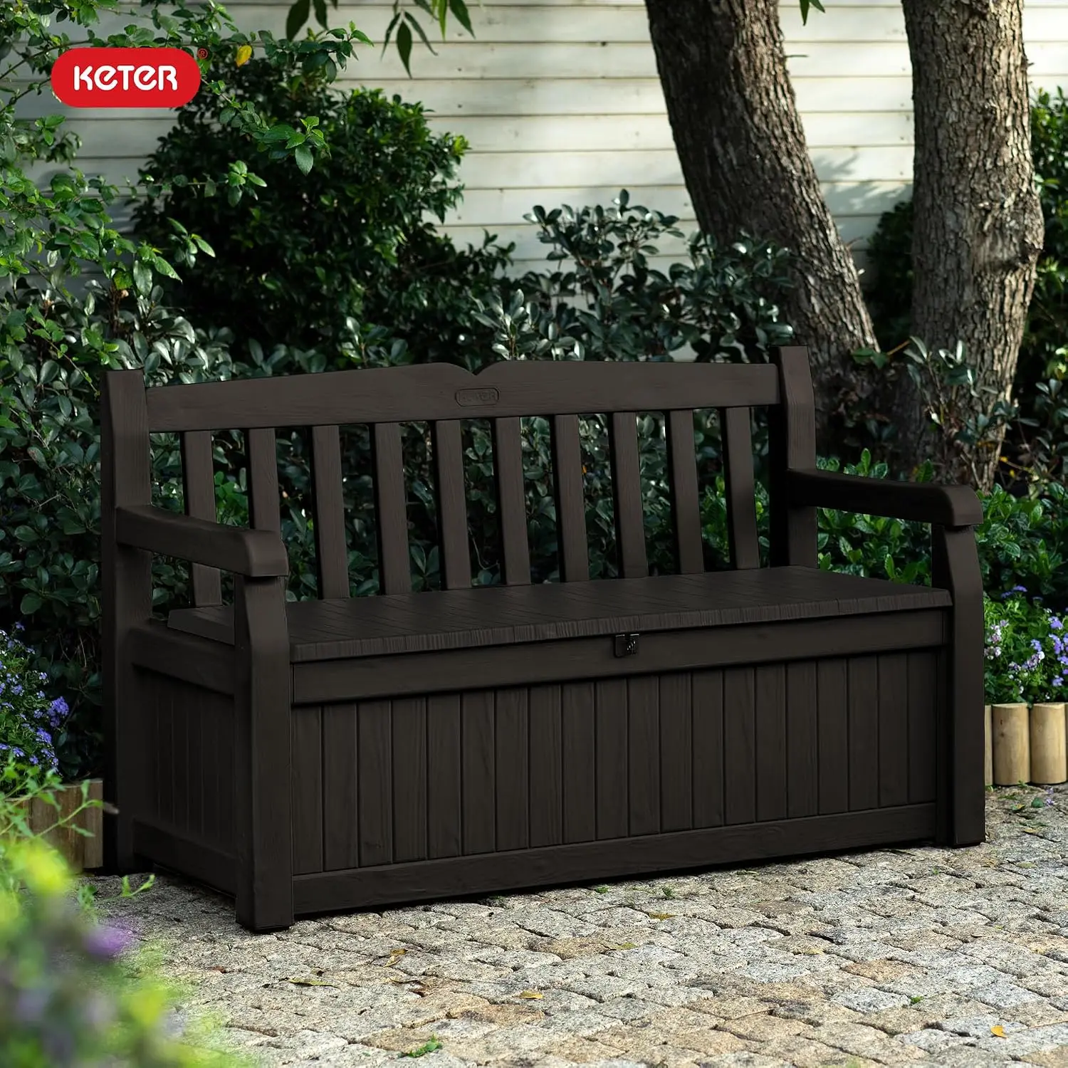 Outdoor Storage Bench 70Gal Resin Weatherproof Lockable Seating Patio Pool Garden Cushions Tools, Customized