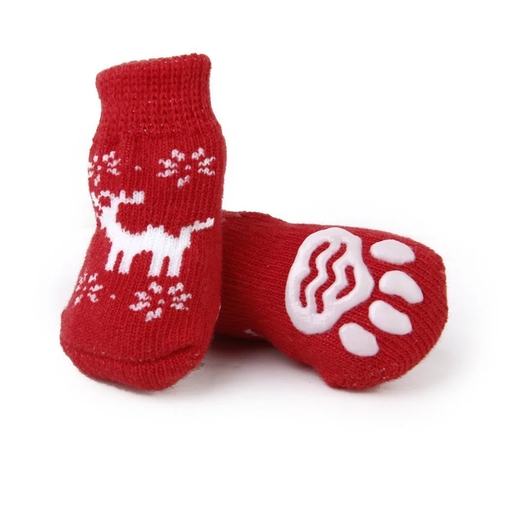 

4Pcs Pet Socks Dog Cat Anti-Slip Cotton Socks Red White Size S Safe Anti-Claw Paws Protection Cold Snow Ice Salt