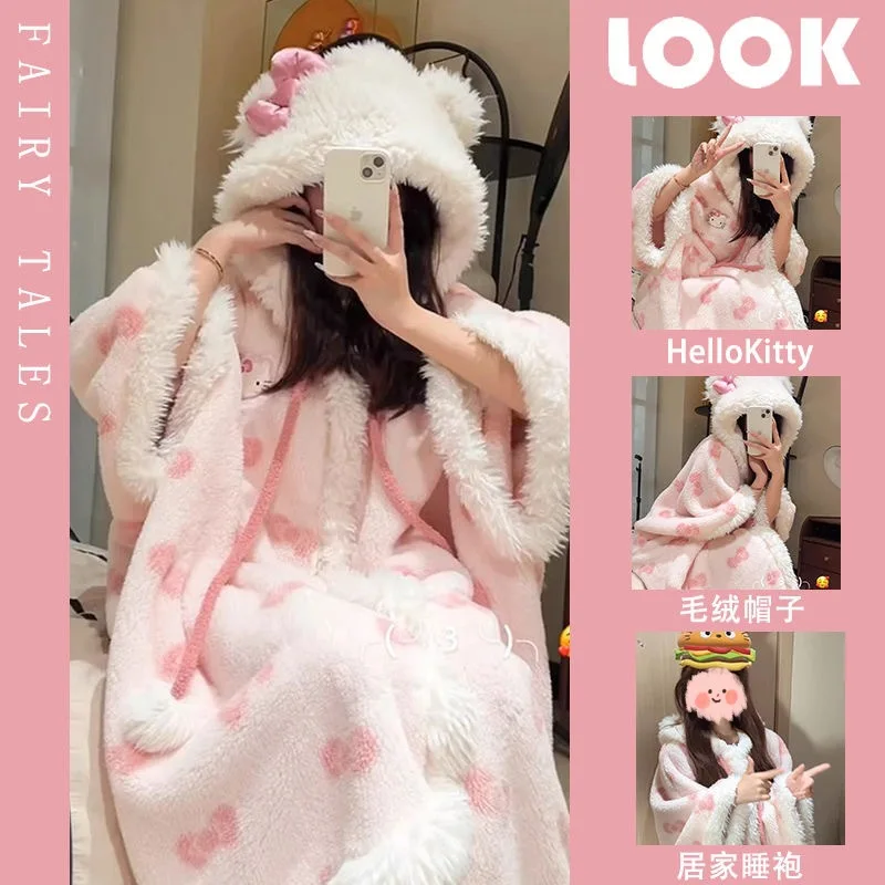 New Hot Hello Kitty Flannel Pajamas Set Women Warm Night-Robe Cartoon Nightdress Casual Home Fall Winter Thermal Loungewear