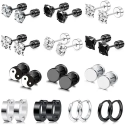 1-13 Pairs Surgical Stainless Steel Hypoallergenic Stud Earring Screw Back Stud Hoop Earring Set for Men Women Black Silver Tone