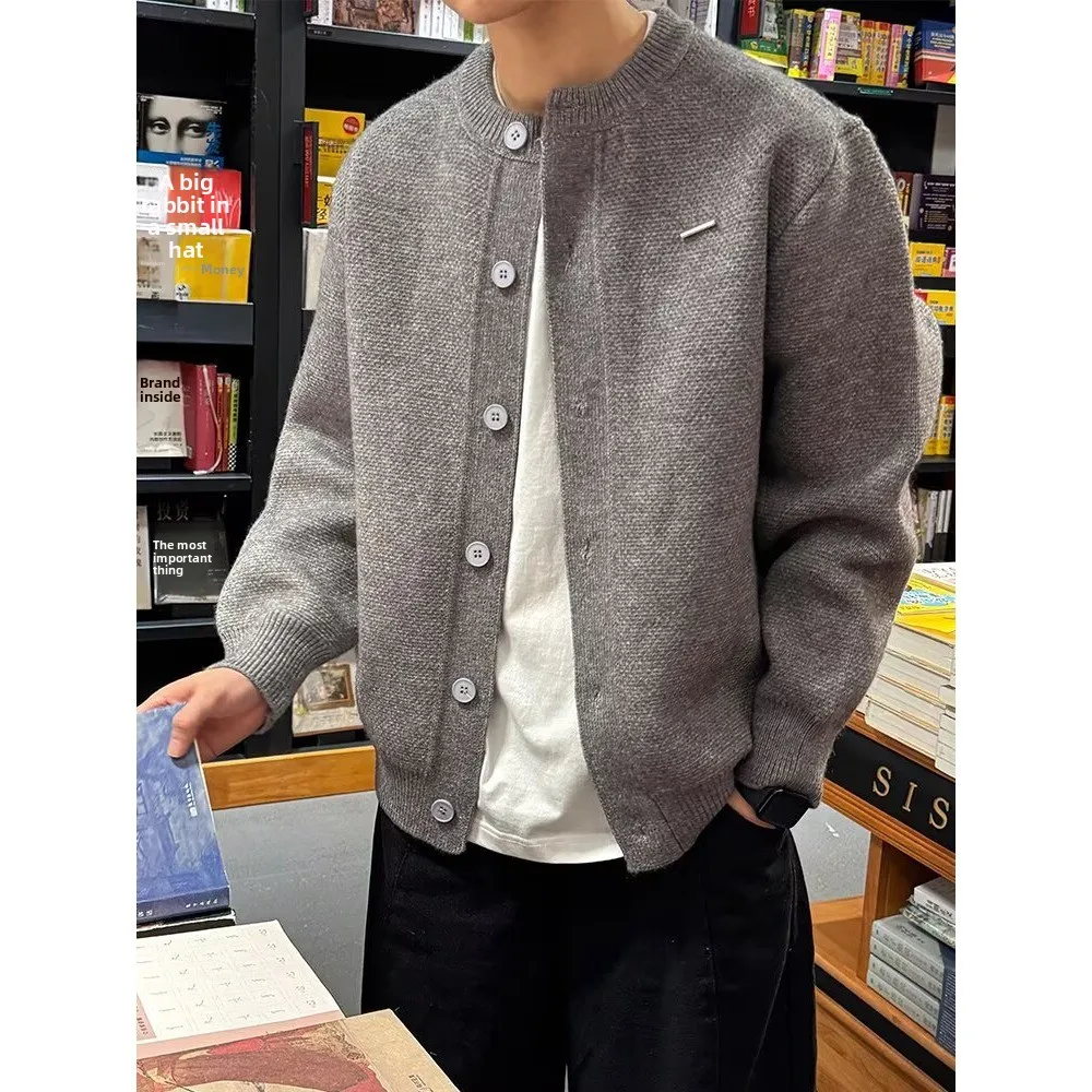 Autumn New Style Baseball Collar Thick Needle Open Cardigan  Color Casual Loose Men's Sweater Jacket Warmth And Comfort