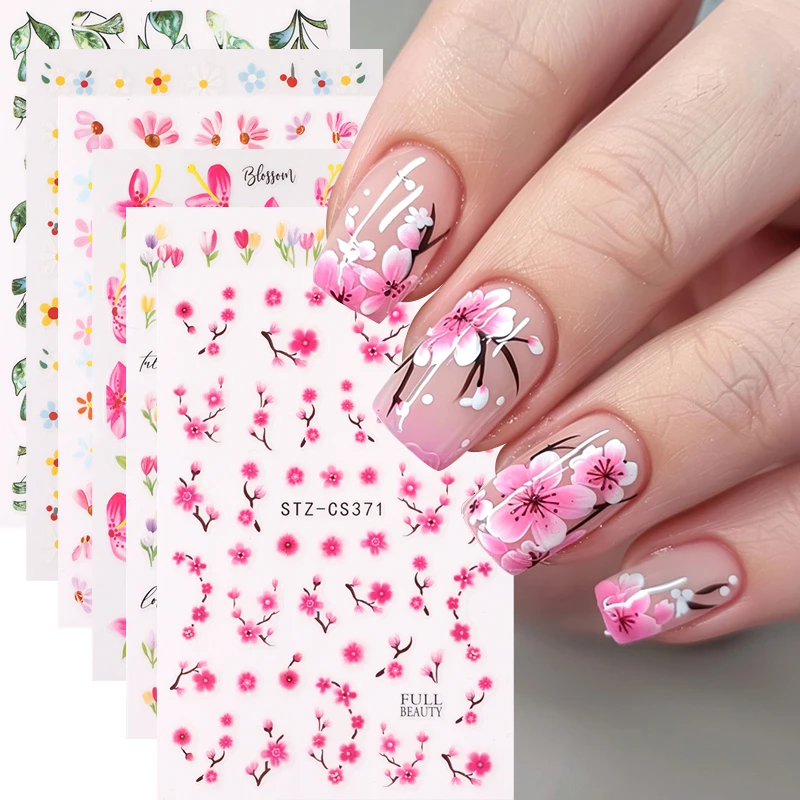 2/6 Stück Frühling Sommer Blumen Nagelaufkleber Kirschblüte Hibiskus Gänseblümchen Sonnenblume Tulpe Einfache Blumen- und Blättermotive 3D Slider Decals Deko