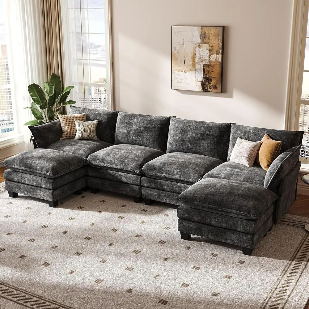 

U-Shaped 6-Seater Convertible L-Shaped Cloud Sofa with Ottoman, Grey Chenille for Living Room
