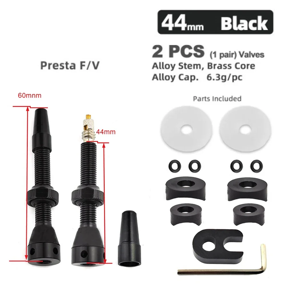 2pcs Bicycle Tubeless Rim Presta Valves Set 44/60mm Nipple Brass Core CNC Machined Anodized Tool with Alloy Stem Rubber Base