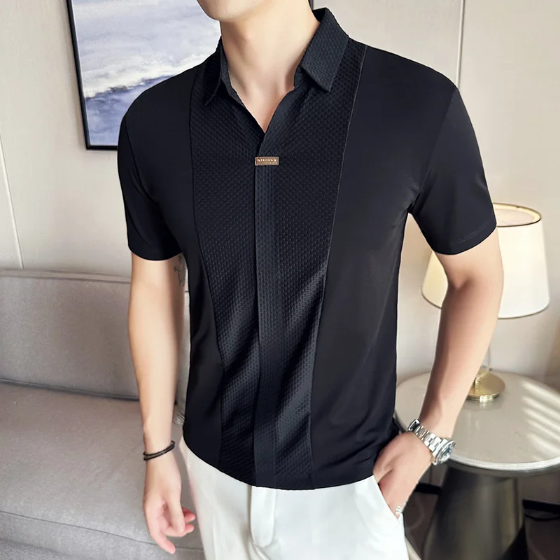 Summer High Elastic Polo T-shirt for Men Solid Color Short Sleeve Tshirt Ice Silk Breathable Casual Business Tops Men Clothing