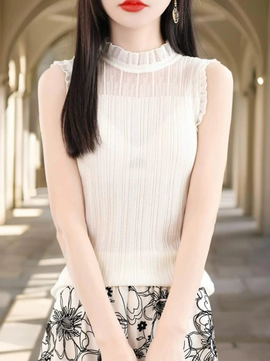 Faionable Lace Trim Colete Feminino Outono Inverno Me ter Ne Base irt Gola Falsa Renda Interior Svel Top