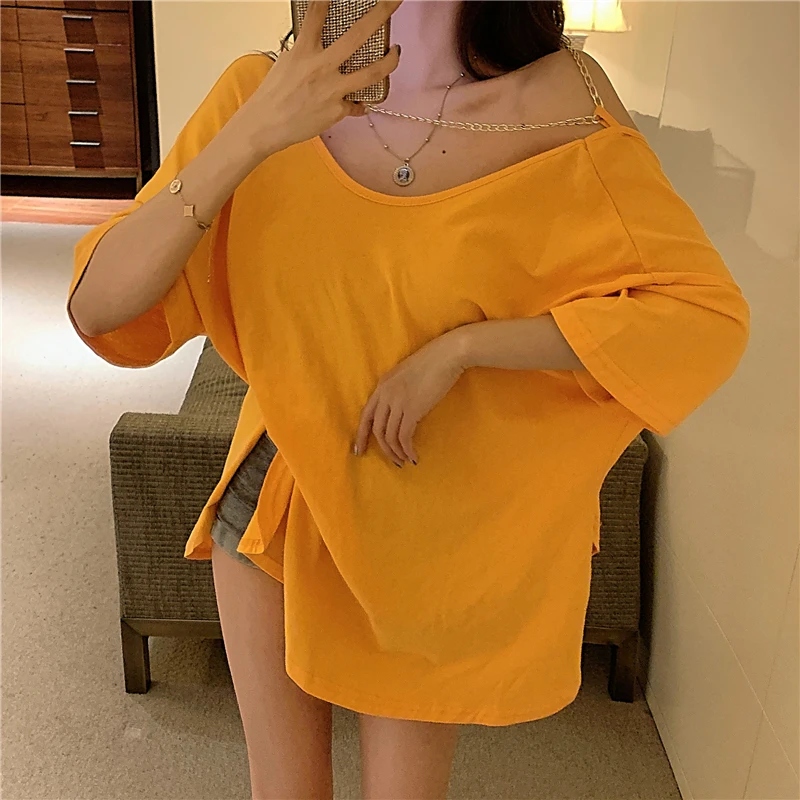 

Women Backless Short Sleeve Casual Loose T-Shirt 2024 Summer Chain Fashion Sexy Solid Color Tops Female Clothes Loose Streetwear