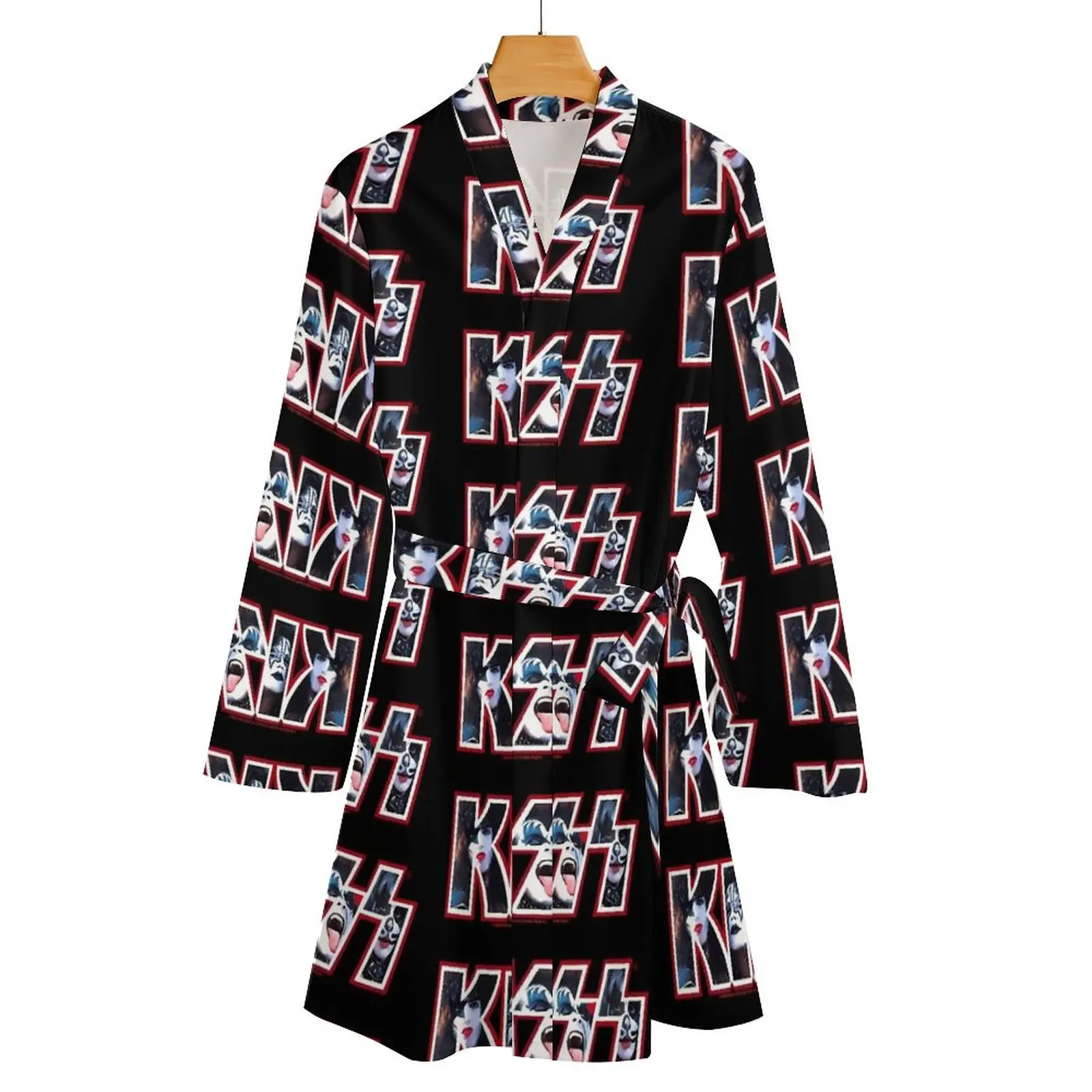 Kiss Band Photo Logo Pajama Robe Rock Band Long-Sleeve Sleep Pajamas Robes Women V Neck Sexy Nightgown Spring Printed Dress