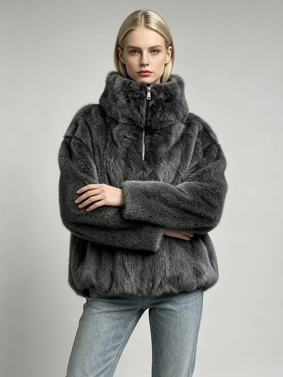 LIMO Women High Collar Half Zip Faux Fur Jacket Gray Fluffy Warm Cropped Coat Winter Casual Loose Fashion Outerwear
