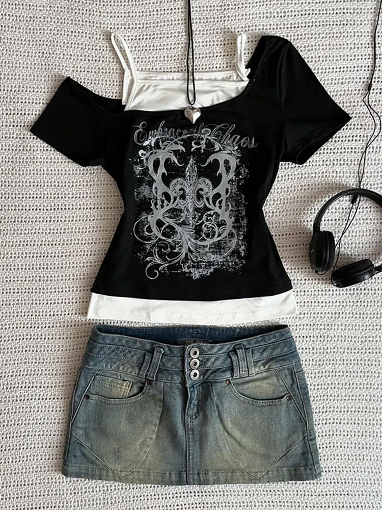 المرأة 90s خمر الشرير تي شيرت الصيف الشارع الشهير مثير قصيرة الأكمام القوطية سليم المحاصيل الأعلى Hotgirl عادية فام المحملة Harajuku Y2k