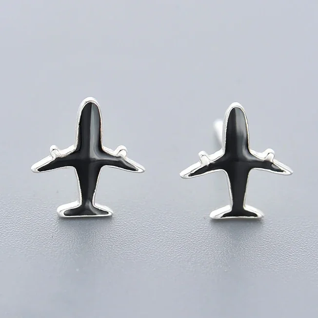 

925 Sterling Silver Black airplane Earrings For Women new Trend Personality Lady Fashion Jewelry