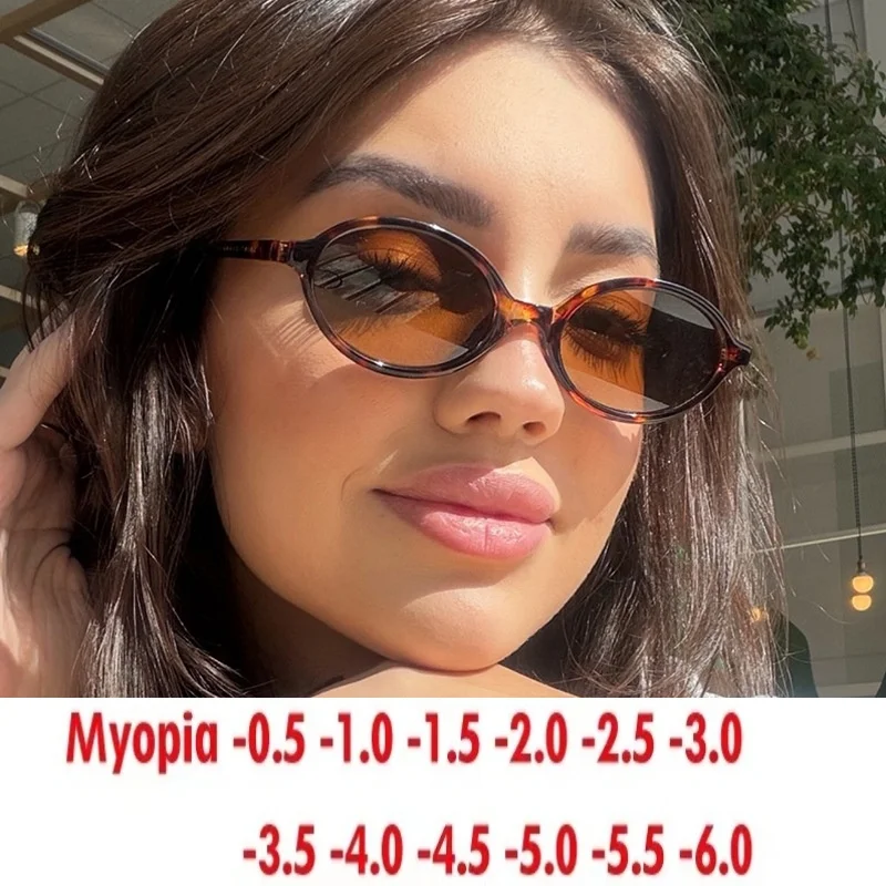 Women's Leopard Print Oval Tinted Lens Small Frame Prescription Ready Myopia -0.50 to -6.00 Prescription Lenses Included