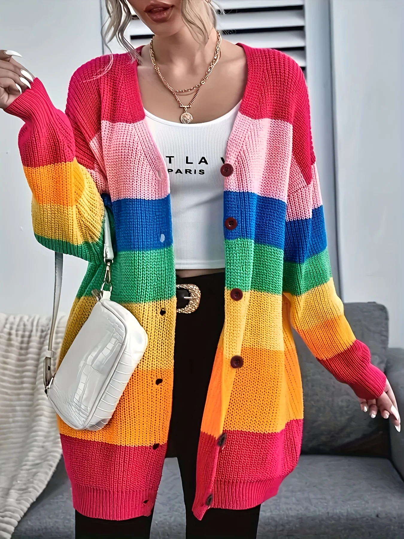 2026 New European and American Style Rainbow Color-Block Striped Knit Cardigan V-Neck Casual Everyday Streetwear Top Jacket