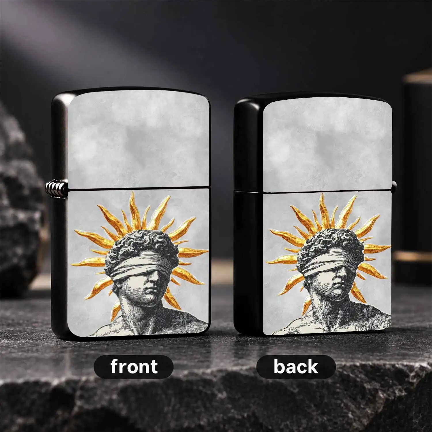 Vintage Aesthetic Sun God Art Pattern Lighter, Stylish Blindfold Greek Myth Figure Print Portable Igniter, Trendy Unique Decor Accessory, Practical Daily Carry Item, Ideal Thoughtful Gift For Art Lovers F A Humorous And Interesting Lighter